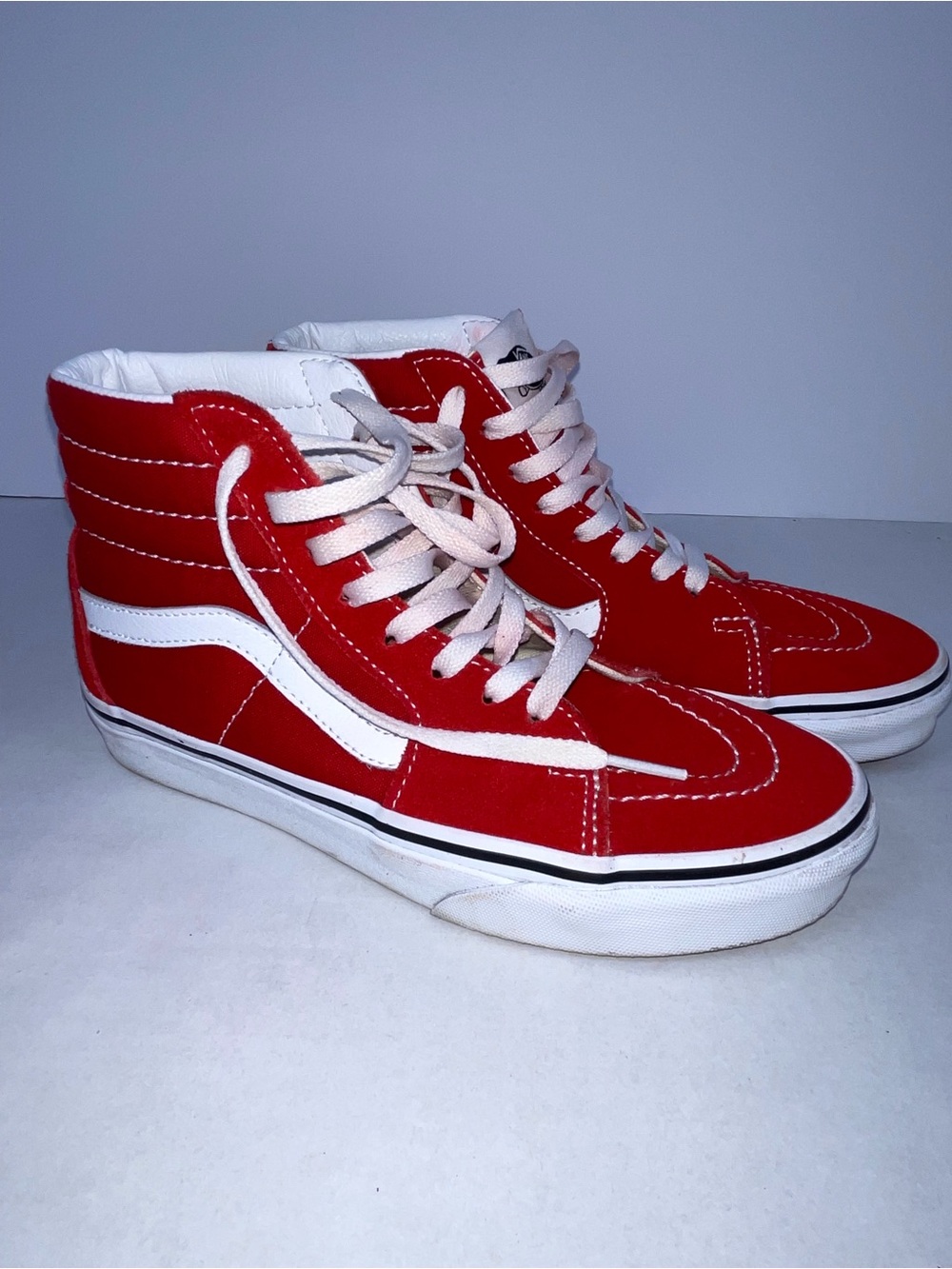 Vans Sk8-Hi High Top Racing Red White Canvas Suede Skate Shoes Women’s 6.5